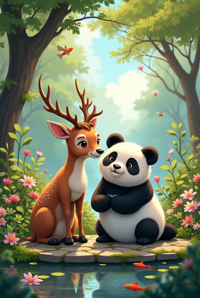 Create A Deer And Panda That Are Old Friends And Complement Each Other With A Garden Background