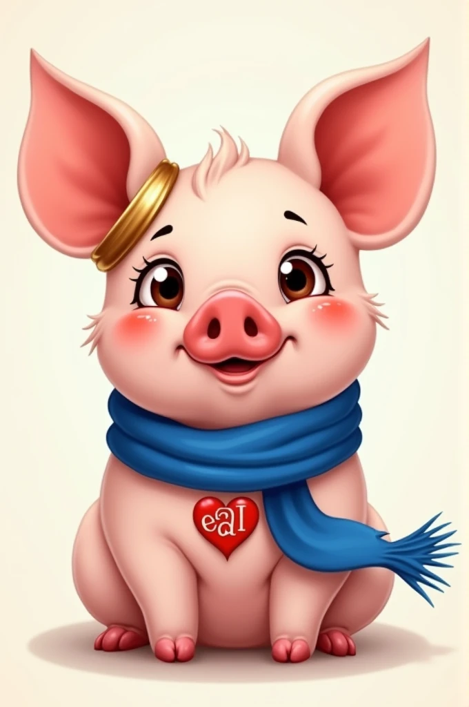 A cute pig with a ring and a royal blue scarf, that has a heart and inside the heart has the E and on the other side the D.