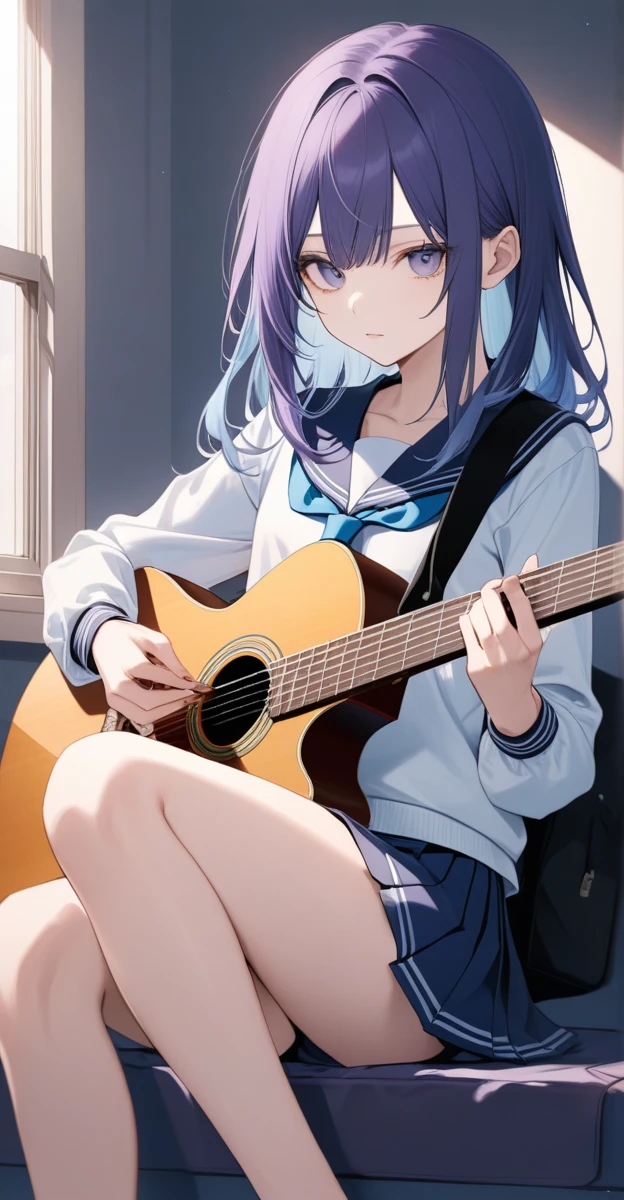 one,((school uniform、He is playing a guitar with his legs crossed))、(She is wearing a bra and low-rise panties as a setting.)、(Indigo hair color、Pale pastel colored inner hair style、Long bangs down to the shoulders), Beautiful Hair, Facial Contour, Remember, one&#39;s home,sofa、 moonlight、splash, Lens flare,, Natural Color, High resolution, Very delicate, Very detailed, 8k,、Shyness,((Sexual))、((Lying on the bed))、smile