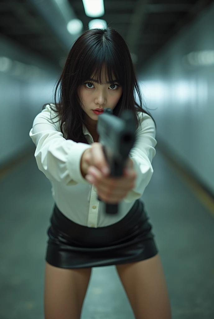 real beautiful sweet big eyes office lady japanese white shirt latex low mini skirt standing legs open wide spreading full portrait holding rifle gun pointing at you front facing aiming at you shooting range