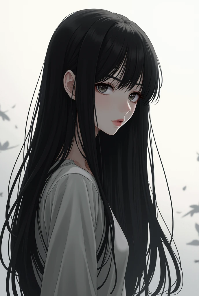 long black hair girl anime style 2d to black and white
