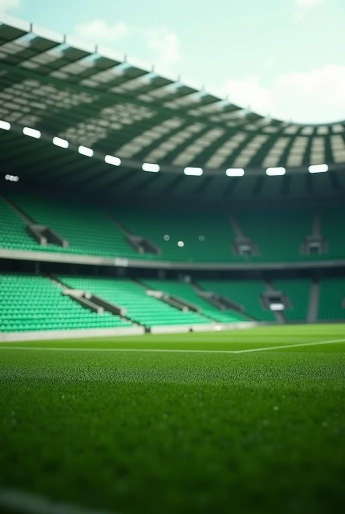 Create an image of small football stadium stands that are green and black., and the image is seen from the front. That only a couple of stands are visible and that the image is taken from the grass of the stadium but that it focuses on the stands, that it is a small stadium that can be seen from the front and not from the side.