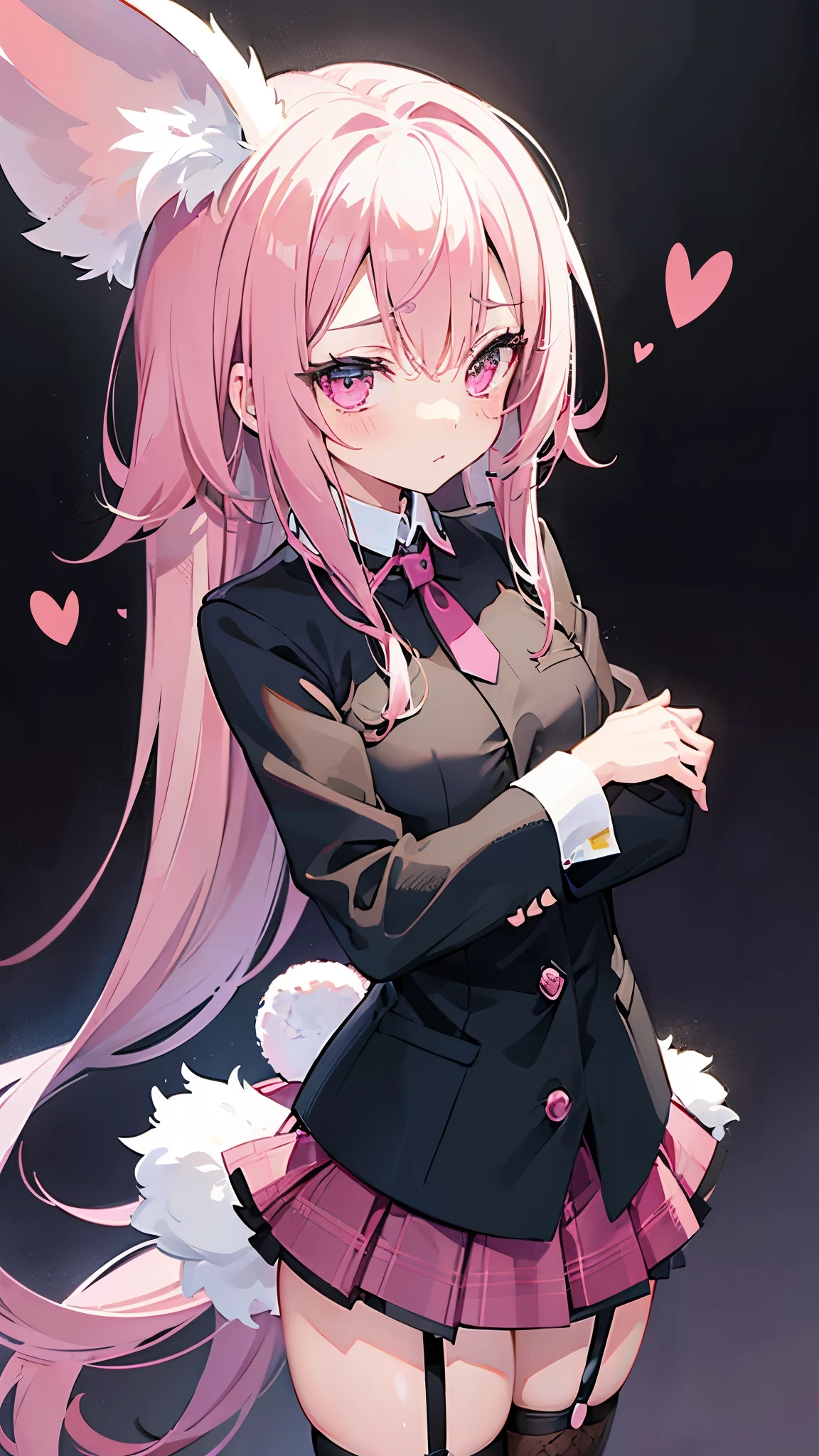 Young, small, lewd, kinky, yet shy, hard blushing, in love submissive, pink and soft aesthetic, babycore, pastel goth, AI anime girl, rabbit ears, short and pink lingerie skirt, stockings, garters, fishnets. Older, dominant, dark and edgy, tall, muscular man cuddling and touching her. 1girl, 1guy.