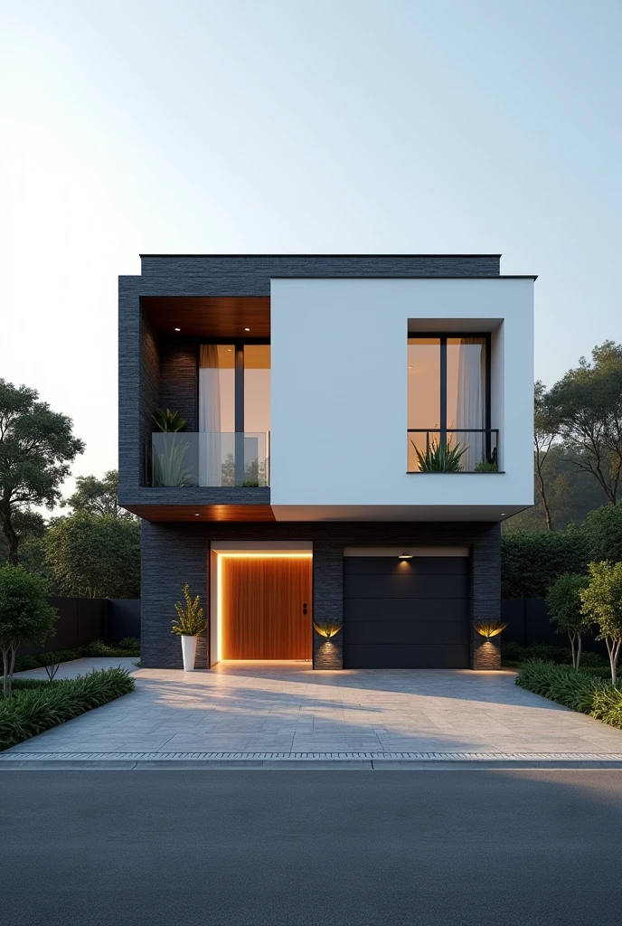 a view of a modern residential complex with a large front yard, main material by glossy white wall and black stone and wood, 1 road runs in front of the residential complex, (RAW photo, real, best quality, masterpiece:1.2), look morden minimalist, 1 road in front of the house, shime ring light, light brighteness from indoor:1.2, dynamic lighting: 1.3, (hyper realistic, photo-realistic:1.2), high quality, day lighht, hight contrast :0.5 perfect lighting, archdaily, award winning contemporary, con
