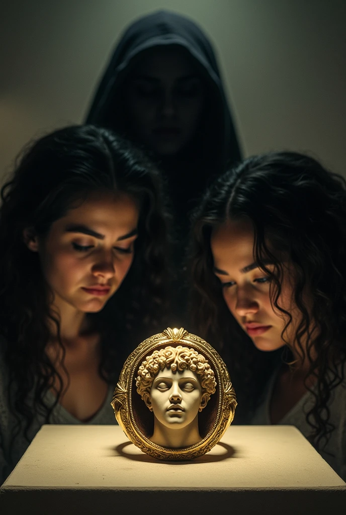 Small gold ring (In its center a stone inside the stone a very detailed young, hairless male face in Roman style )
The ring is on a shelf in a museum. Two girls with black hair are watching it. One has more pronounced curls than the other. Behind one of the girls there is a macabre shadow..
But darker