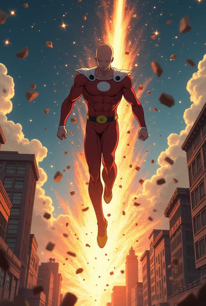 Generates an image of Saitama being sent flying into space after a severe blow 