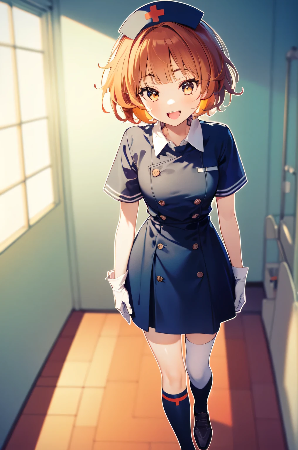 1girl, solo, nurse, nurse cap, white nurse uniform, ((white legwear, zettai ryouiki)), white gloves, very short hair, orange hair, smile, open mouth, standing, ((hospital room)), sharp outline, short sleeves, tomboy, boyish, best quality, masterpiece