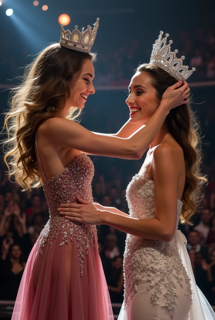The girl put the crown on the new miss Universe. Wear evening gown.