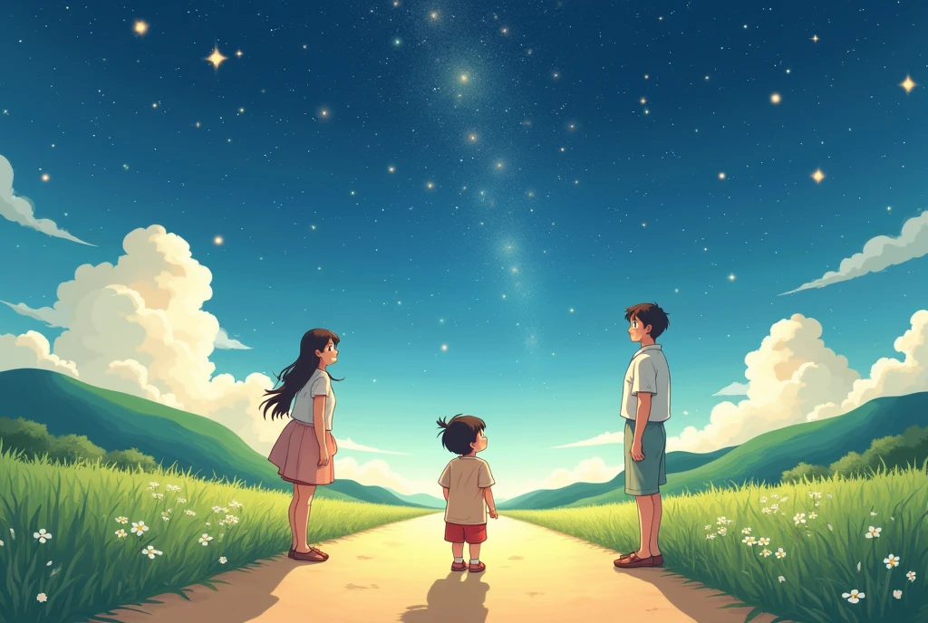 A child stands on a sunny road，Look up at the twinkling stars in the sky，Parents watched with a smile not far away，Cartoon，可爱Cartoon，可爱Cartoon风格，maternal love，Cute illustration，Clean anime art，Simple background