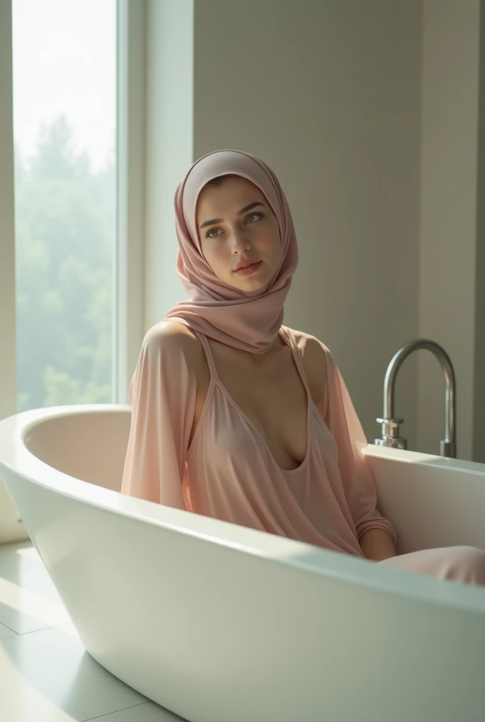 girl in hijab in transparent swimsuit lies in bathtub full length