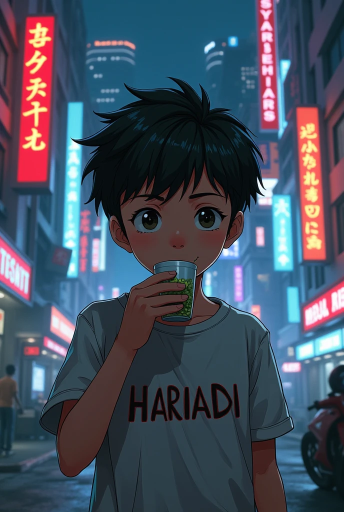 Cyberpunk style animation of a boy named Hariadi on his shirt drinking herbal medicine 



