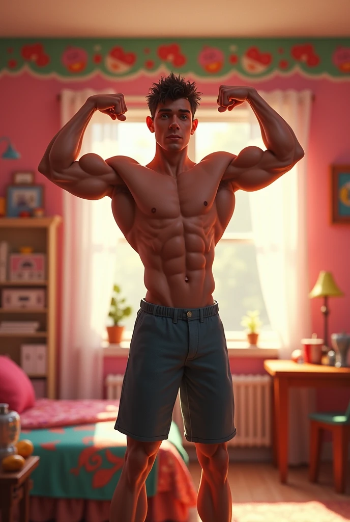 The image shows a young man standing in a room, flexing his biceps with both arms raised in a double biceps pose. He is shirtless, displaying a lean and muscular physique, and is wearing black shorts. The room has pink walls, and there is a green and red border along the ceiling. The background shows a bed with colorful blankets and some scattered items on the table. Light is coming through a window on the left side of the image. The overall setting suggests a casual, home environment. Make a image