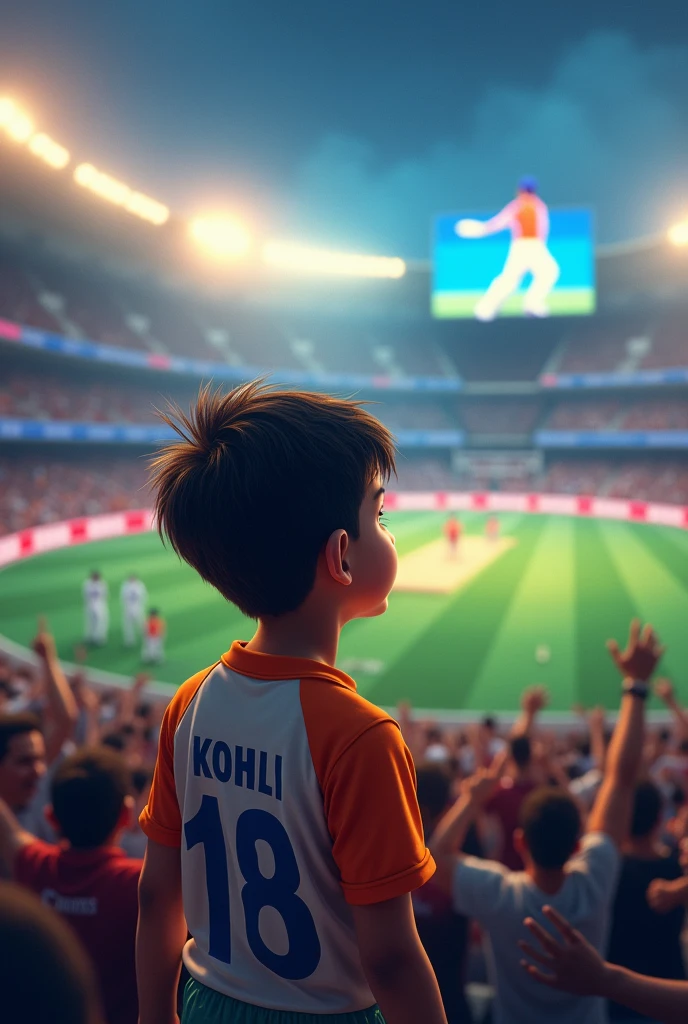 Ihe indian boy carry cricket jersey no 18 and seeing virat kohli on tv and virat socre 100th 100 in bengaluru cricket stadium