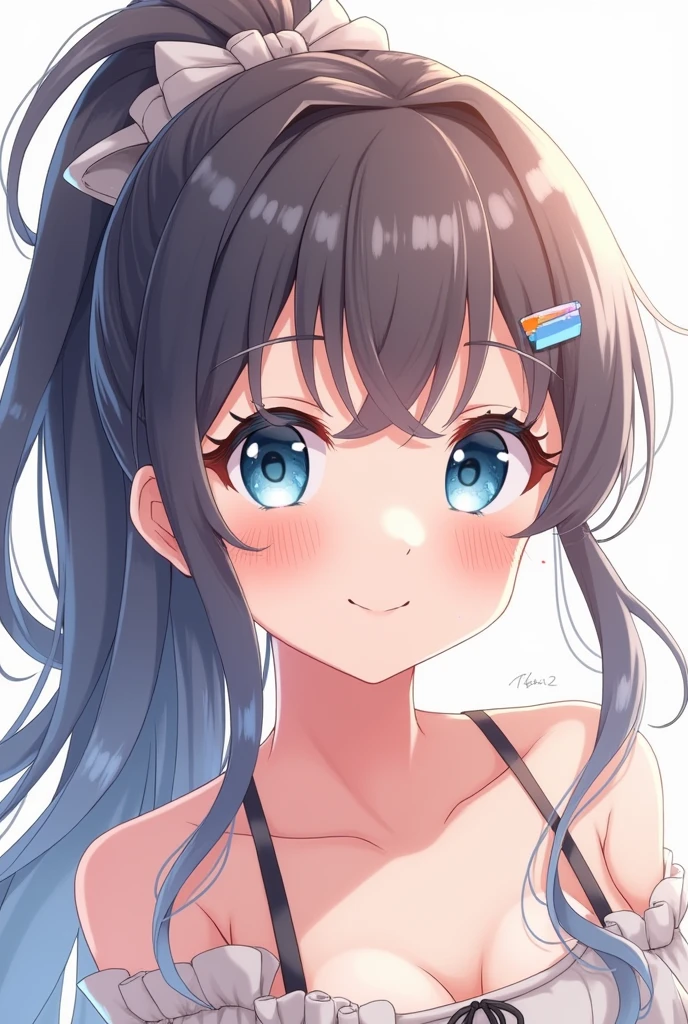 One girl, Long Hair, smile, ribbon, blue eyes, Textured skin, ponytail, Large Breasts, smile, Blushing, Simple Background, ribbon, Sparkle Effect, anime, 