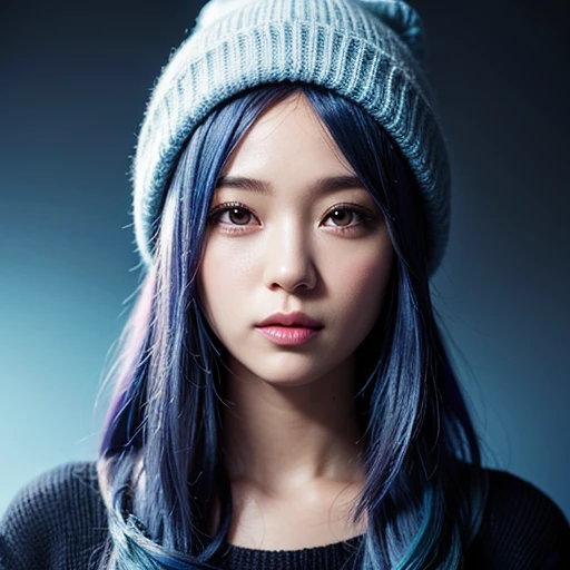 Illustrator, anime , Realistic ,sketch , 1 person, ,lip, Knit cap, sweater,order, Blue gradient background, Neon Hair,Texture Trim, Canadian, (masterpiece,Highest quality) Cancer
