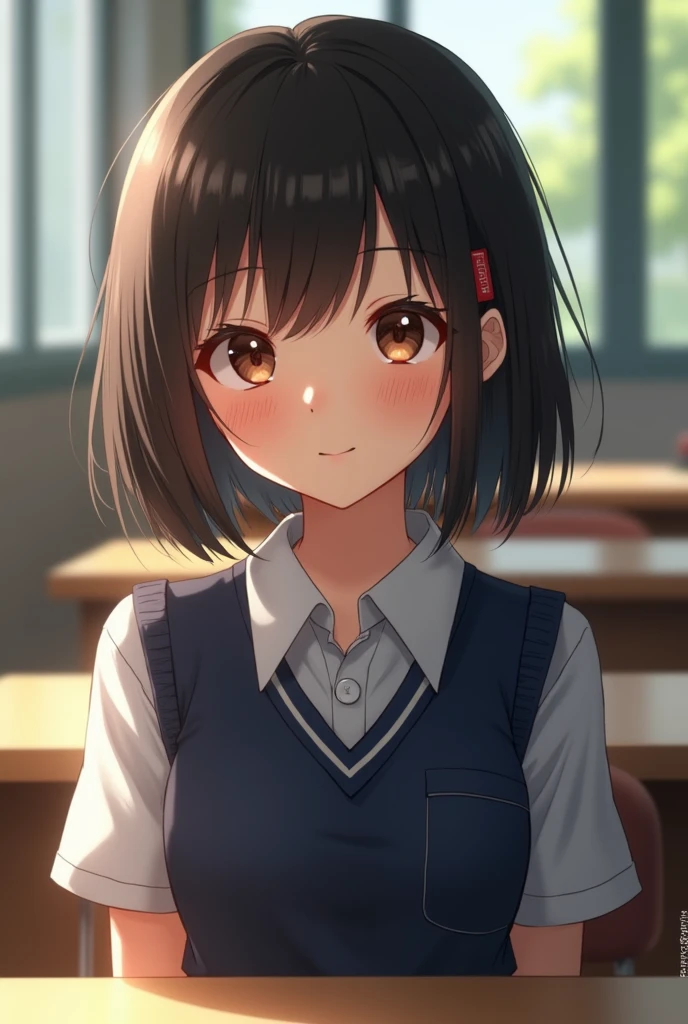 best quality, face focus, soft light, ultra high res, (photorealistic:1.4), RAW photo, 1japanese girl, solo, cute, (shy smile:0.5), (brown eyes, lights in the eyes), detailed beautiful face, (small chest),(high resolution detail of human skin texture), (short bob hair), BREAK, in classroom,navy school uniform, vest, skirt