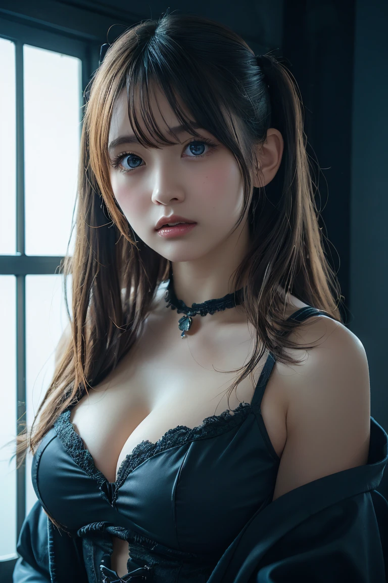 A Spartan vampire woman stands tall against a stark white backdrop, her tattered and ripped shirt hanging in shreds around her statuesque frame. Porcelain-like cracked skin stretches across her pale complexion, illuminated by dramatic darkness. Her eyes gleam with an otherworldly intensity as she gazes directly into the camera, her sharp features frozen in a haunting pose against the vivid 8K resolution. Stunning close-up portrait of a breathtaking young woman with colossal  and piercing blue eyes, surrounded by whimsical twintails blonde hair styled in Ainu-inspired traditional attire merged with Gothic Lolita fashion. She poses mid- flight, illuminated by soft cinematic lighting, her décolletage the focal point.