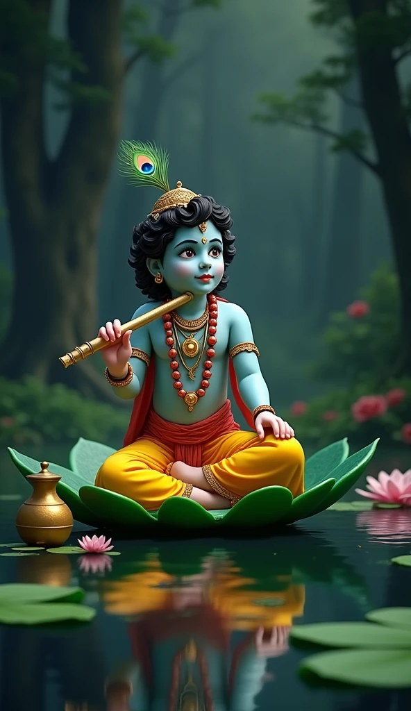 The image is a digital illustration of the Hindu deity Krishna, also known as Lord Krishna. He is sitting on a large green leaf with a peacock feather on his head. Krishna is wearing a yellow and green outfit with a red garland around his neck and is holding a flute in his right hand. He has a peaceful expression on his face and is looking towards the right side of the image.

The background is a dark forest with tall trees and lily pads floating on the water. The water is still and there is a small golden pot in the foreground. The overall mood of the illustration is serene and peaceful.