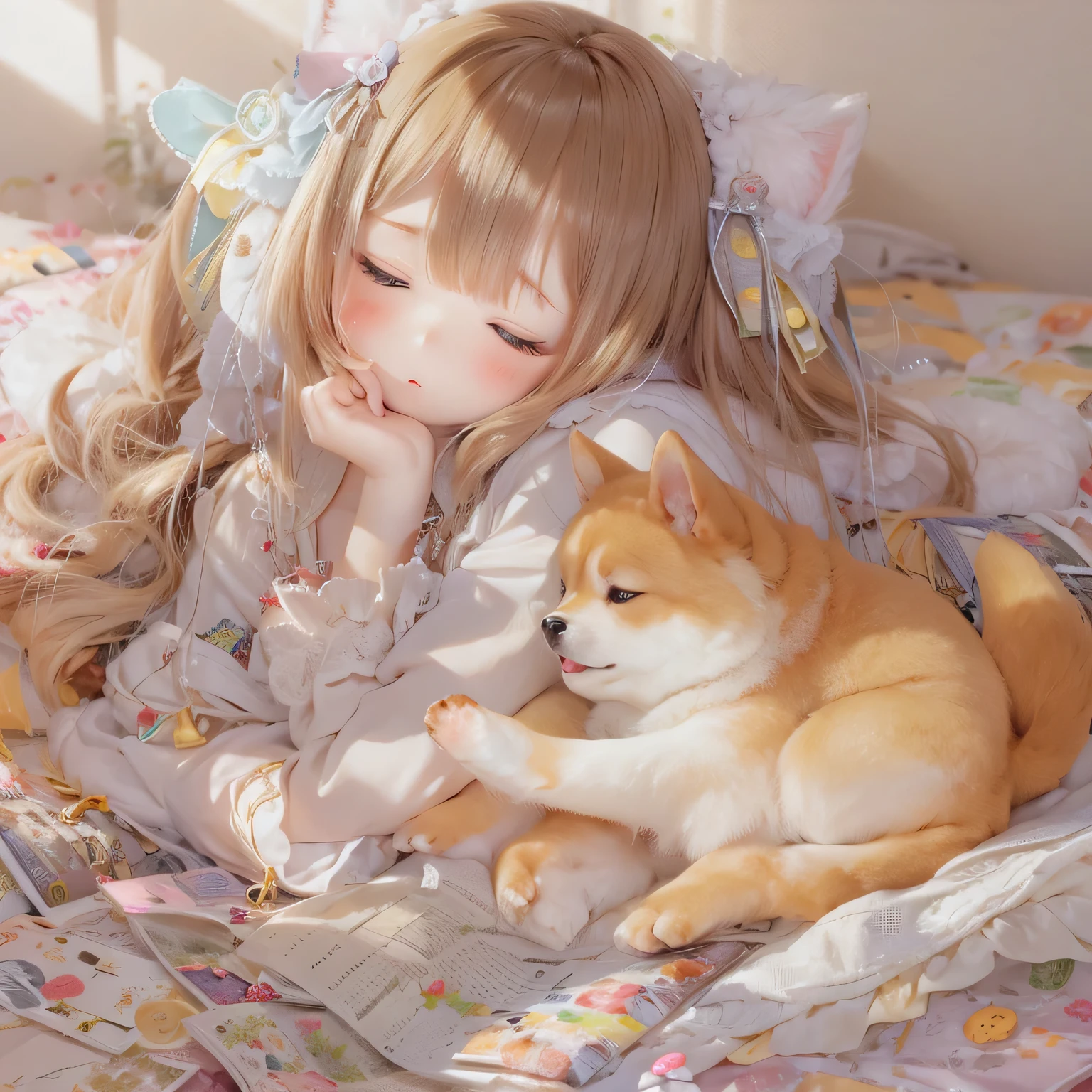Shiba Inu、Sleeping in bed(((girl)))