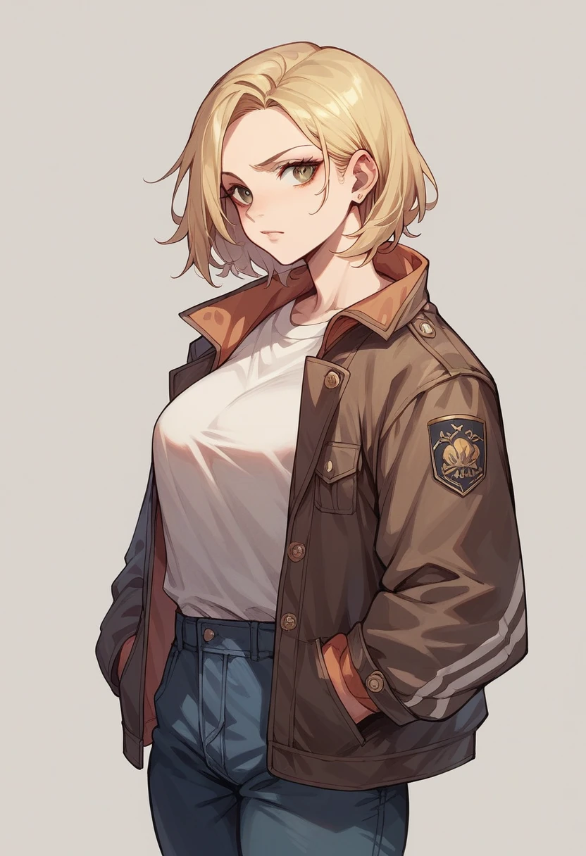 German blonde woman with big has trouble closing her jacket.