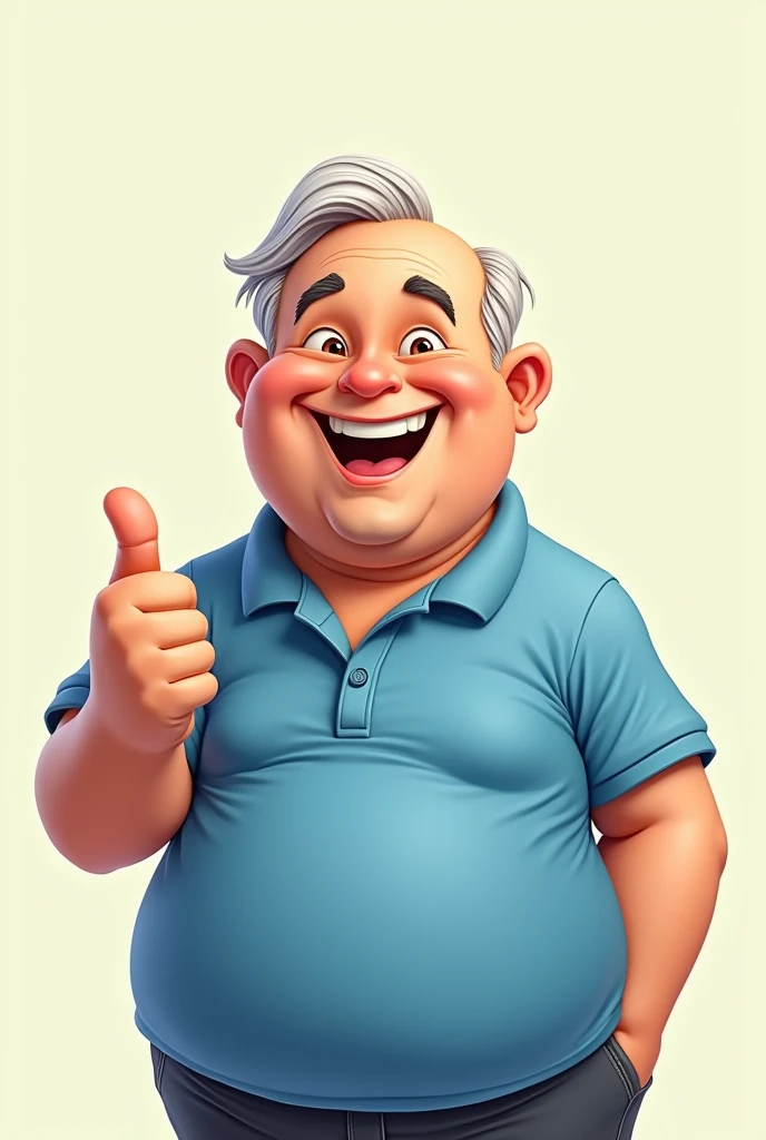 Imagine a cartoon man of approximately 40 years old, with a slightly corpulent body. He is bald on top of his head, but has hair on the sides, without anger. He is wearing a blue polo shirt, and the bottom of the shirt is a little loose. He is smiling and giving a thumbs up with his right hand.. THE BACKGROUND IS SIMPLE, maybe a light solid color, so as not to divert attention from the character.