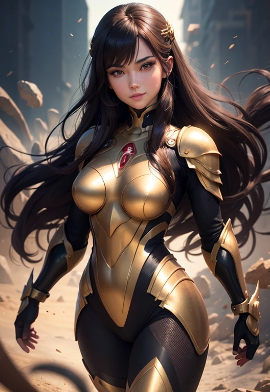 "Complete art masterpiece, high quality, ultra detailed in 4k, 8k, high resolution, hyper-realistic photo, hyper-detailed, realistic skin texture, amazing shadows, extremely detailed texture, perfect lighting, high-level image quality." A female heroine, (Fair skin, brown hair, chinese, outlined eyes, outlined face, gloves, Full body), wearing a one-piece superhero costume, squatting with hands above head