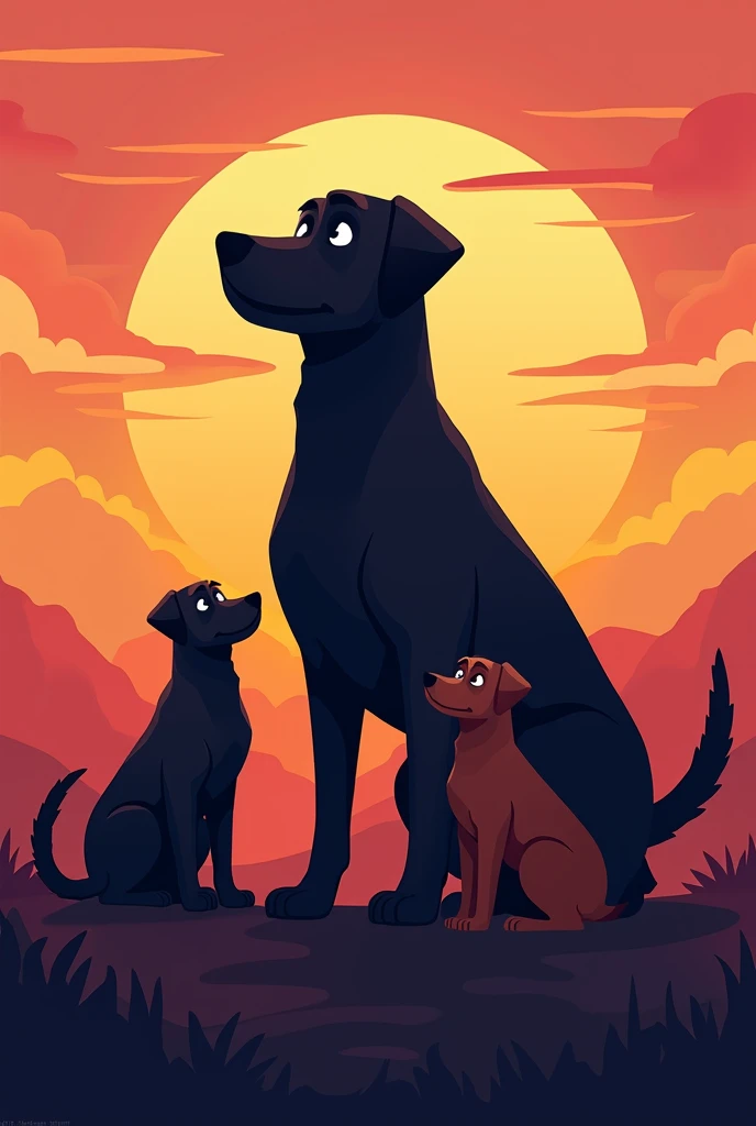 Trois chiens en abstrait. Le plus grand noir, le moyen noir marron et le plus petit noir. Avec un fond coucher de soleil. Dans un univers cartoon.