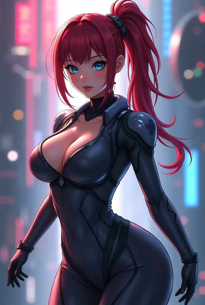 A beautiful anime girl with dark red hair in a ponytail, dark blue eyes, and large breasts wearing a skintight pilot suit, (best quality,4k,8k,highres,masterpiece:1.2),ultra-detailed,(realistic,photorealistic,photo-realistic:1.37),hyperrealistic, detailed face, detailed eyes, detailed lips, highly detailed, extremely detailed, intricate details, cinematic lighting, vibrant colors, dynamic pose, scifi, mecha, futuristic, concept art