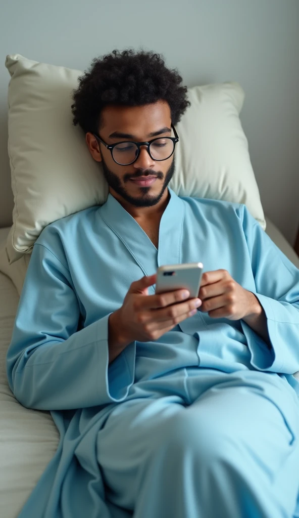 Great job, Best quality, Simple background, 20 year old young man wearing a sky blue galabiya and glasses ,Extended ,pillow ,He plays with the phone