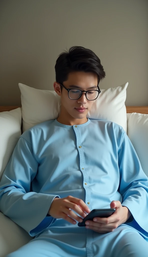 Great job, Best quality, Simple background, 20 year old young man wearing a sky blue galabiya and glasses ,Extended ,pillow ,He plays with the phone