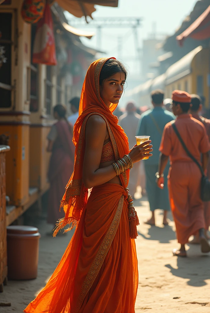 A girl from rajasthan natasa has drinking water at railway station