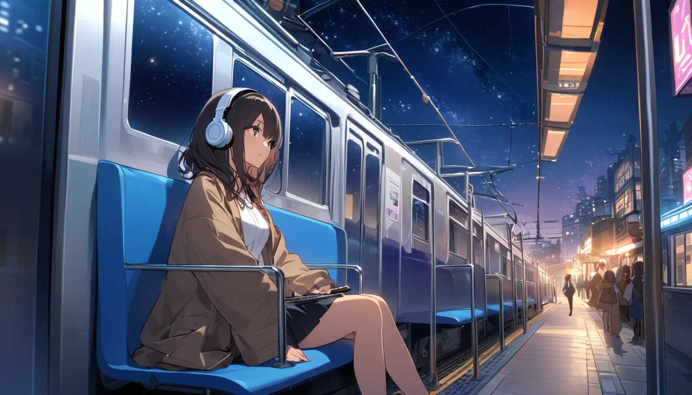 Dark-haired woman sitting on a train,Night starry sky,Streetscape、Listening to music with headphones、Japanese