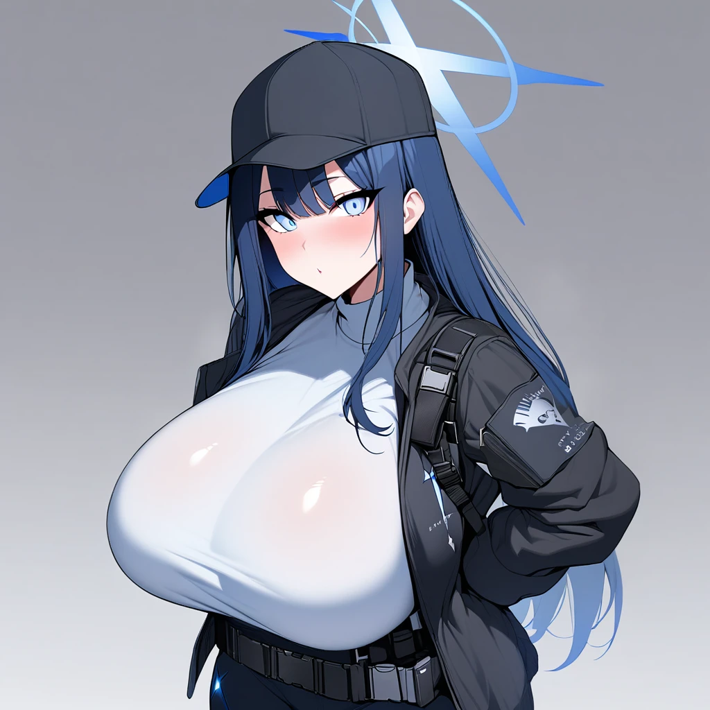 saori(blue archive),1girl,solo,blush,cap,super huge breasts,looking at viewer,near,standing up, huge breasts:1.6),