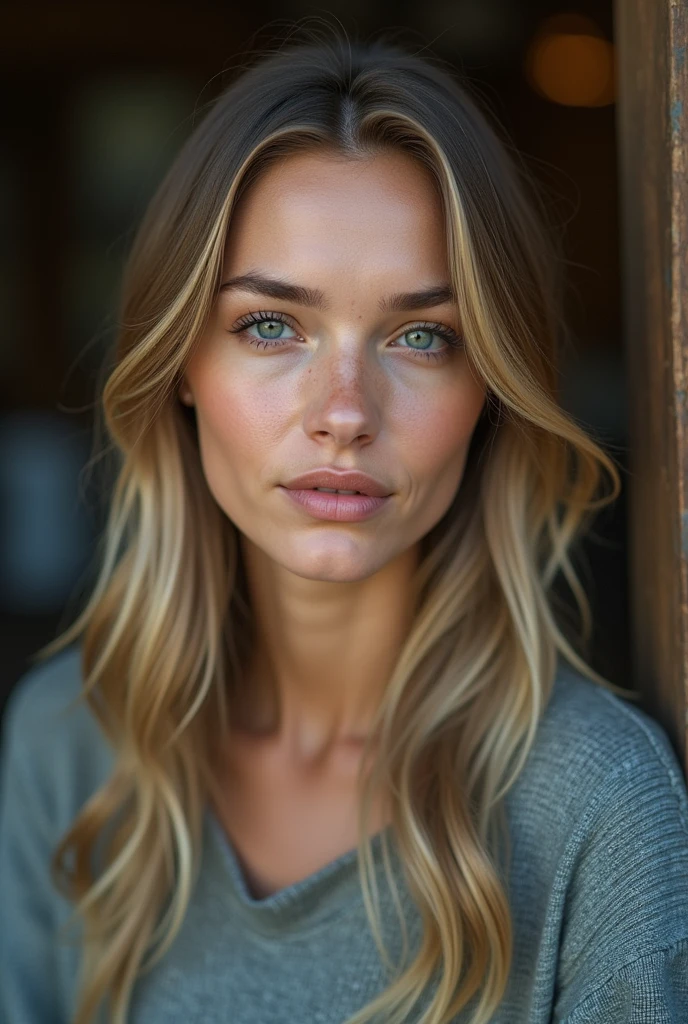 close up portrait photo of a gorgeous woman with extra long wavy brown hair, detailed alluring eyes, ((detailed facial features)), (finely detailed skin), tanned skin, realistic skin texture, extreme skin details, (pores:0.5), in the background beautiful futuristic cyberpunk city, best quality masterpiece, photorealistic, hyperrealistic, detailed, 8k, HDR, (Soft color: 1.2), shallow depth of field, broad light, high contrast, backlighting, bloom, light sparkles, chromatic aberration, sharp focus, RAW color photo