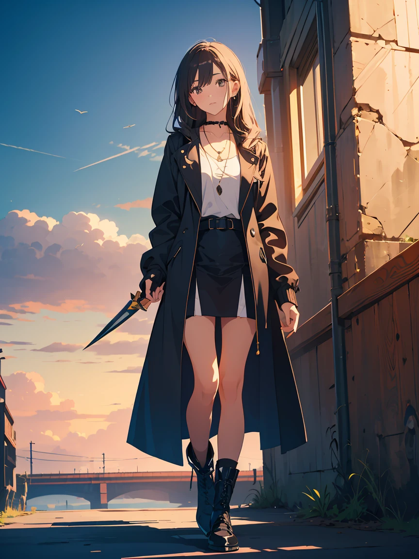 Girl with long wavy brunette hair wearing black necklace, black long jacket and black boots while holding daggers with both hands