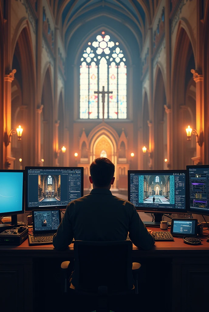The cameraman and the control room in a church