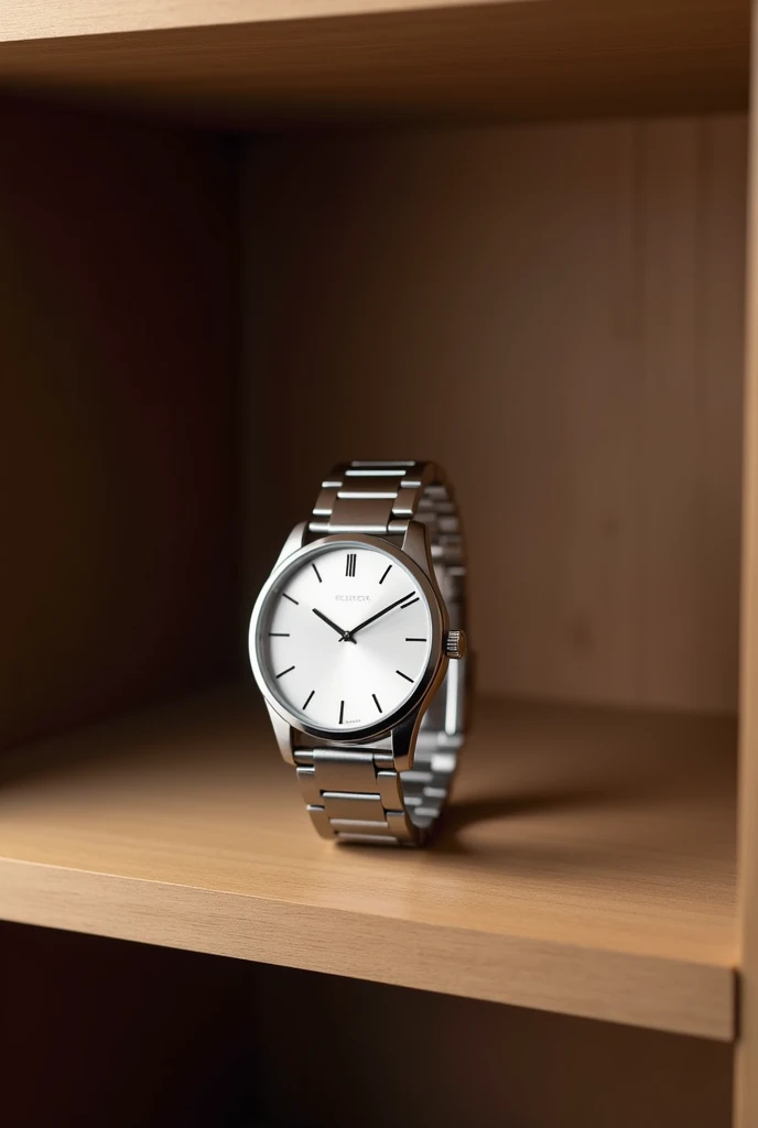 All silver watch on shelf