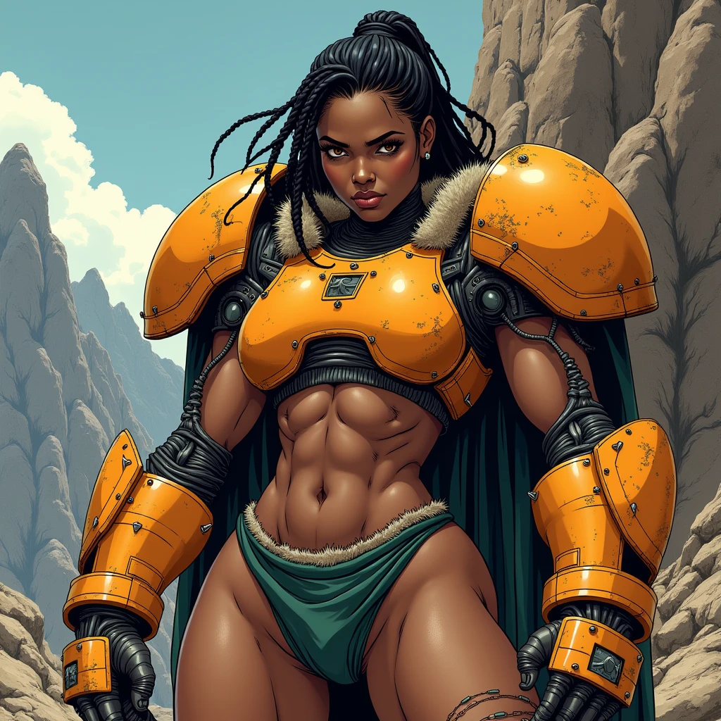 in a dramatic comic book style, richly detailed, cell shading create an illustration of a full body image of African woman getting undressed. She has short black dreadlocks, her hair pulled back, she has dark skin, wide hips and thick thighs. she is wearing a (heavy orange mechanical armor:1.3), chipped paint (orange power armor covering her chest and arms), (orange breast plate:1.1) with large (round orange shoulder pads:1.1), fur trim, cables connect the shoulder pads to the bracers on her forearm. she has a dark green tight undersuit covering her arms and upper body, the undersuit has tech like texture. (barbarian fur trim:1.3), (fur belt, fur boots). her strong thighs and legs are bare, bare thighs and legs, she is wearing a ragged loin cloth that is full of tears and holes. she has thick thighs. The background should be the side of a barren mountain with many crags and outcroppings. She has a Frowning expression, serious expression, glaring at the camera, and her posture is a (deep fighting stance, martial arts). inspired by masters of the universe. the chest armor is bulky and angular giving it a heavy mechanical look.