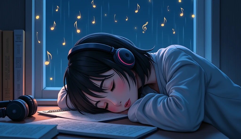 One Girl、Sleeping at the desk while studying、The light of musical notes is leaking from the headphones、It&#39;s night outside and it&#39;s raining、Chill、relax、Sleep、Comfortable