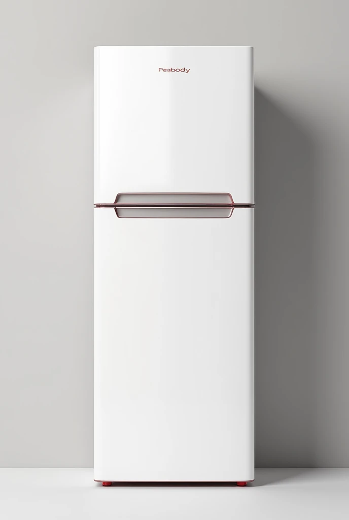 Create an image of a white Peabody brand refrigerator with very subtle and minimalist details in red with the frizzer on top