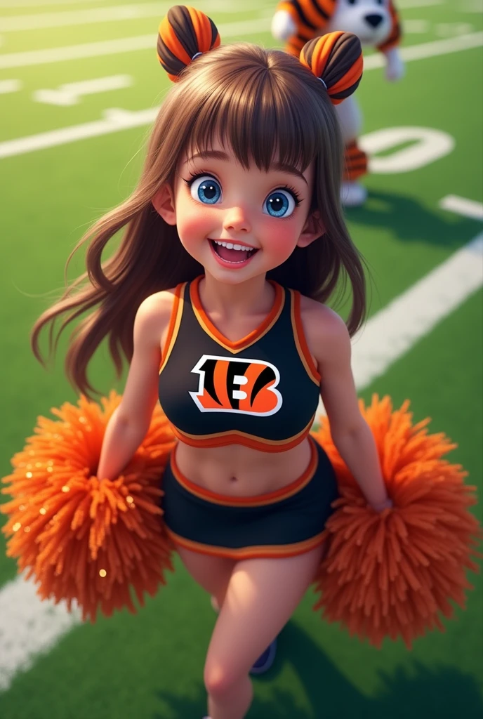 Bengals cheerleader child smiling
Brown hair, long, bangs, blue eyes on football field
Black & orange outfit with Bengals logo with black shoes and no socks no belly showing
Glitter Pompoms
Tiger