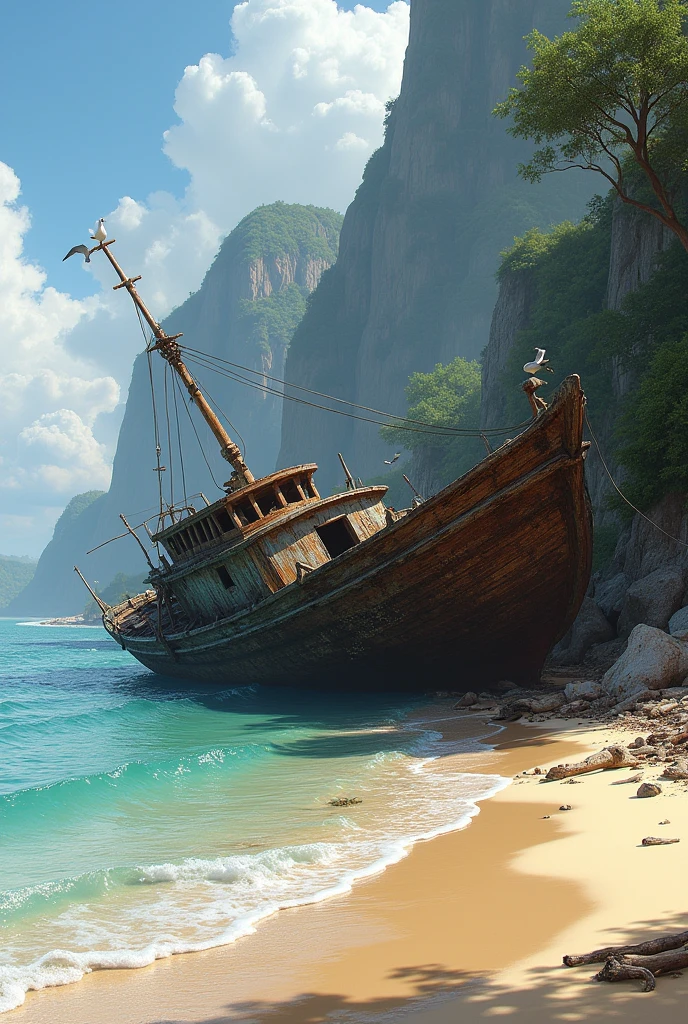 Boat wreckage on the beach.