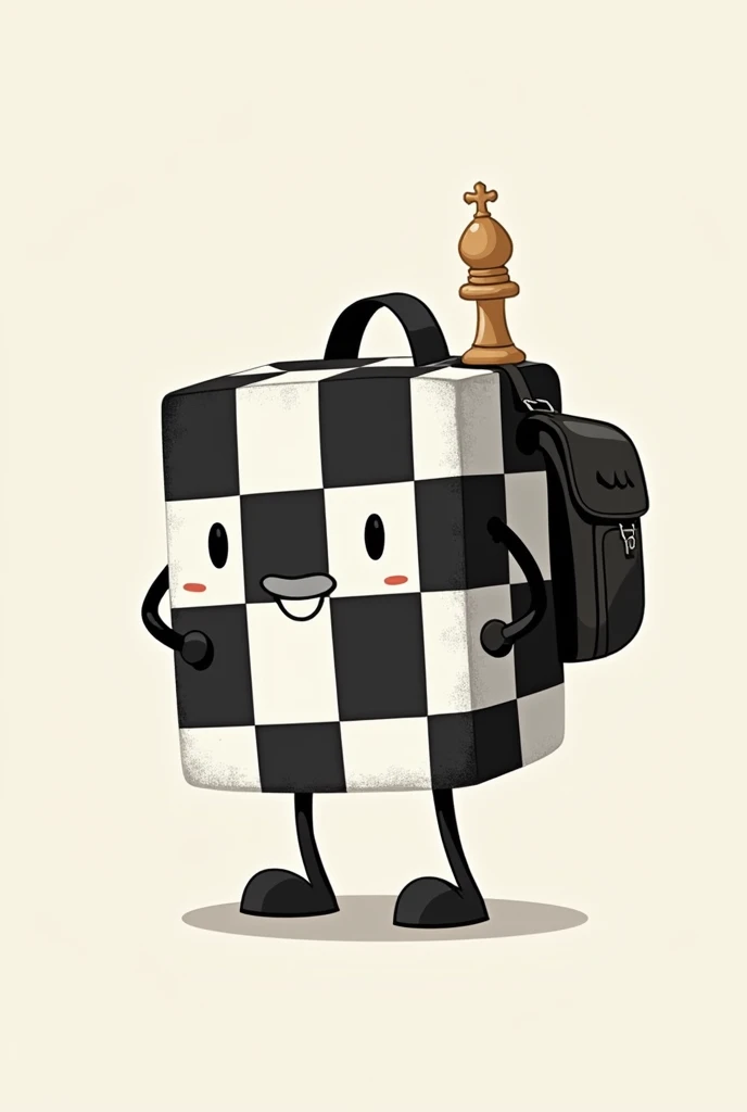 A LIVING CHESSBOARD, with a backpack because he is going on a trip. A design for children, that is not scary. Can the chessboard be a square with legs and arms?? In black and white the board. An animal NO, It is an animated object.