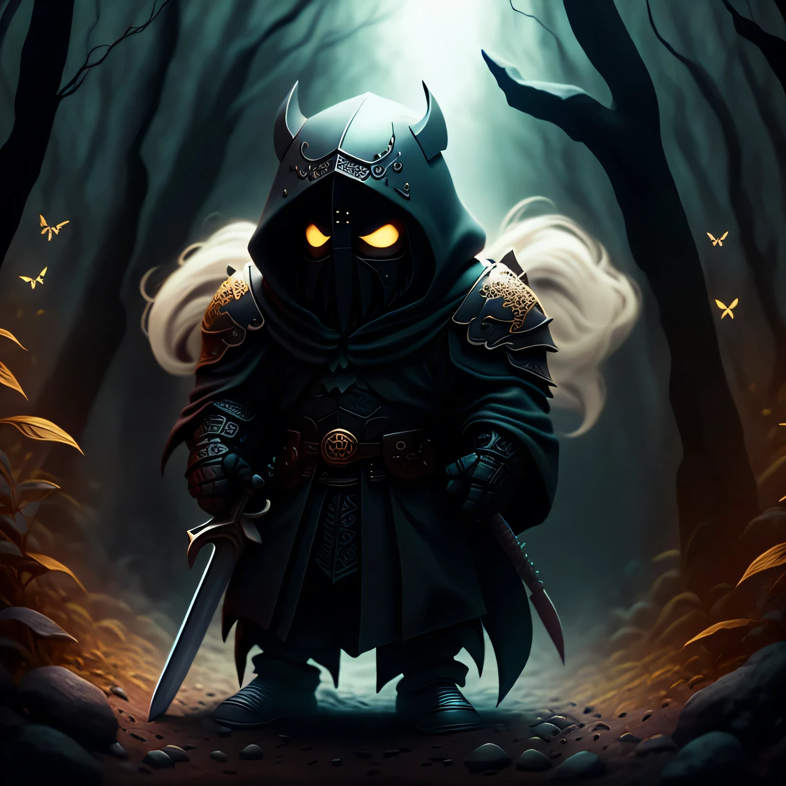 plastic, Black Knight,Knight in black armor,Thrusting a double-edged sword into the ground,Hold the hilt of the sword with both hands,Black Cape,Otherworldly Armor,Gold Color Line,Night Forest,fog,A cloak fluttering in the wind,(Wearing a black robe over armor)