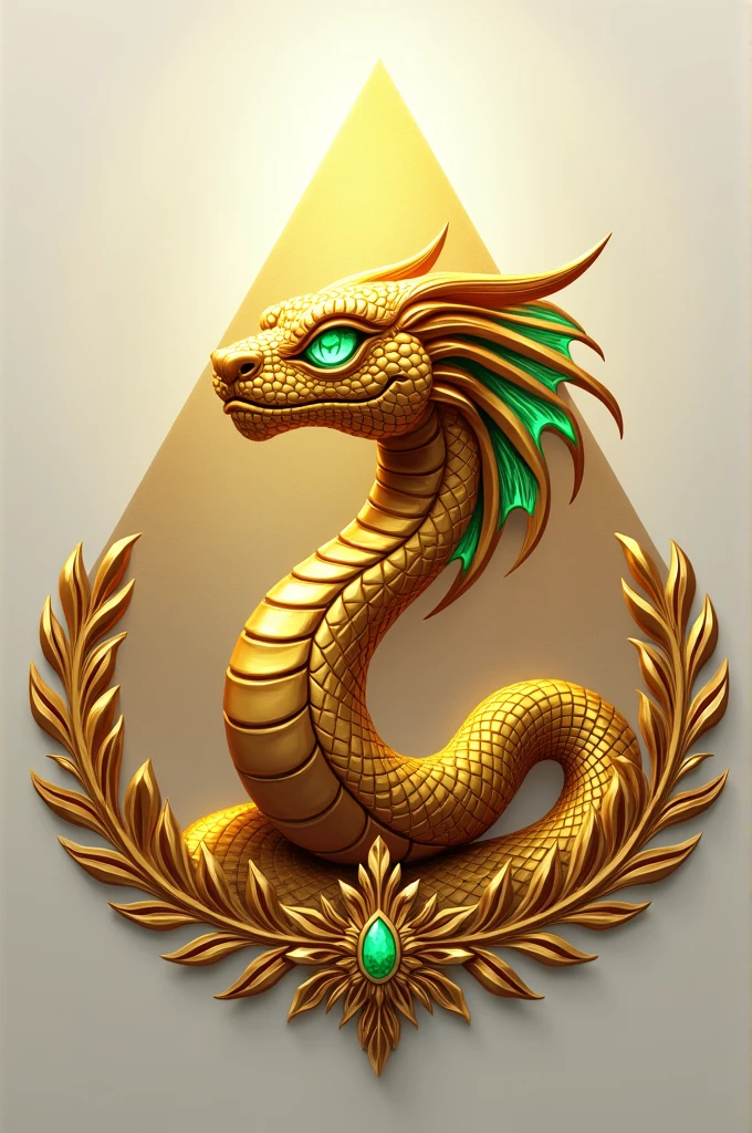 Create a coat of arms with the ancient civilization of Egypt with white and gold colors with a golden serpent with emerald eyes with a bold face and a pyramid with a very transparent background. 
