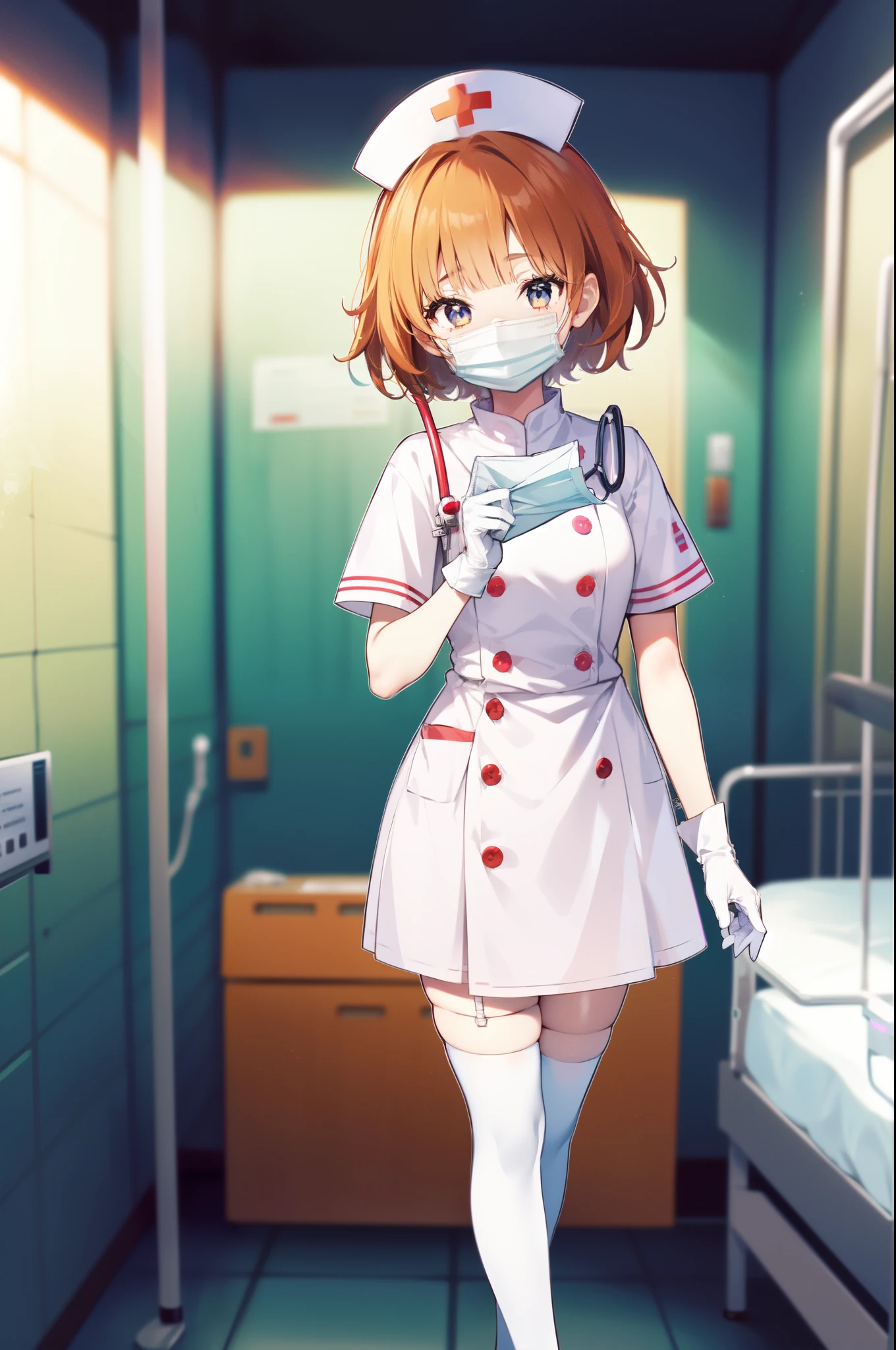 1girl, solo, nurse, nurse cap, white nurse uniform, ((white legwear, zettai ryouiki)), white gloves, very short hair, orange hair, ((white surgical mask, covered nose)), standing, ((hospital room)), sharp outline, short sleeves, tomboy, boyish, best quality, masterpiece