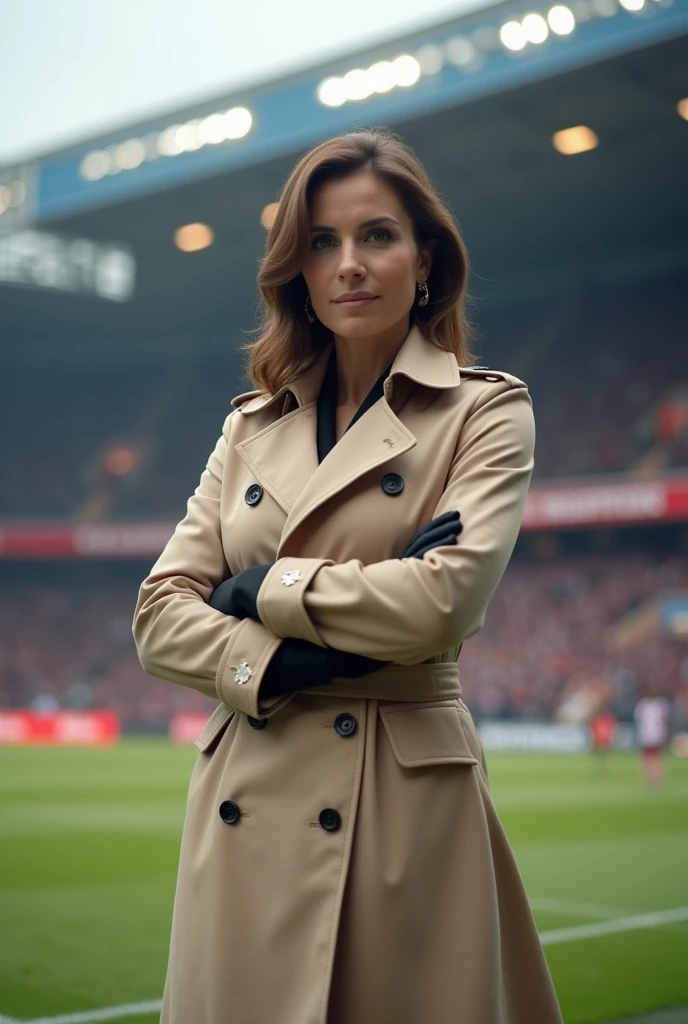 Football presenter woman in beige trench coat gloves and boots