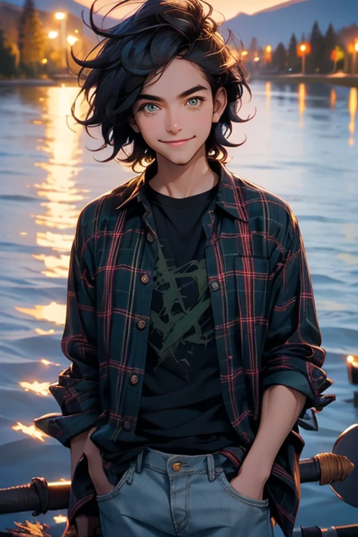 Perfect face. Perfect hands. A young black haired man with green eyes in a plaid shirt and jeans is smiling with a stick by the lake at night