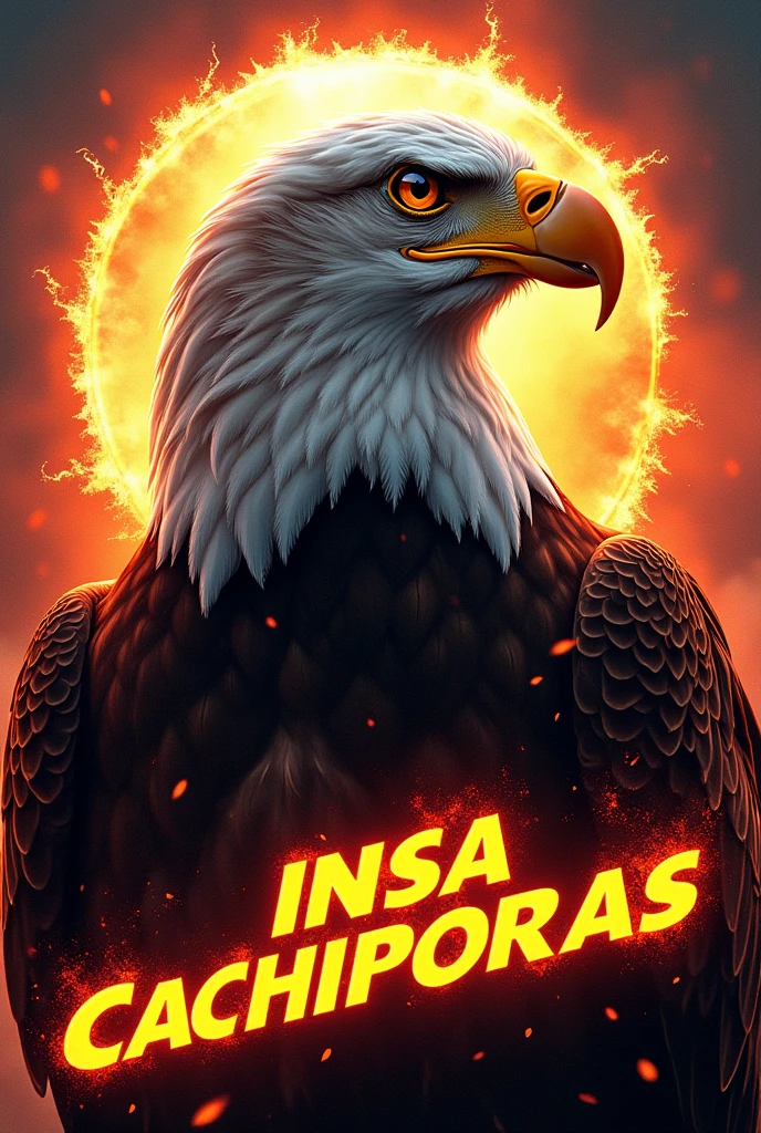 Create a drawing of a very real bald eagle profile with letters at the bottom that says INSA CACHIPORRAS with capital letters in the form of fast and furious in color like fire and flames in the background vibrant colors