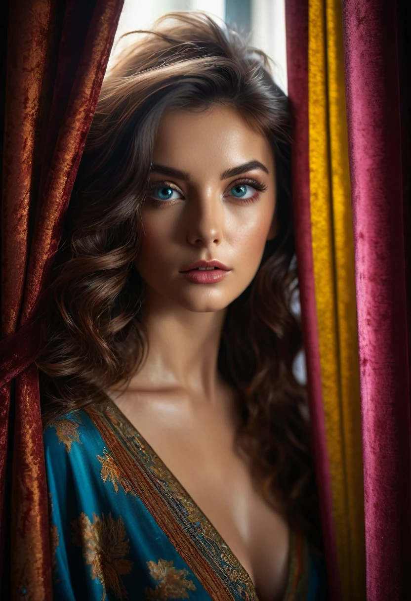 RAW photo, beautiful eyes, masterpiece, peeking out from behind the curtains, colorful details, award-winning, high detail, 8 K, daylight, analog film, detailed skin, stunning composition, complex parts, subsurface scattering, velvet hair, amazing textures, cinematic, chiaroscuro, soft light